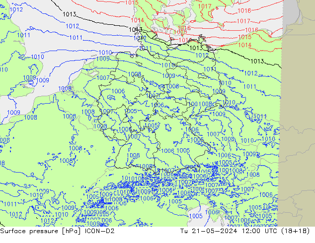 Atmosférický tlak ICON-D2 Út 21.05.2024 12 UTC