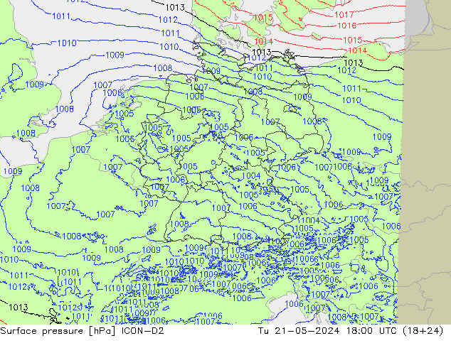地面气压 ICON-D2 星期二 21.05.2024 18 UTC