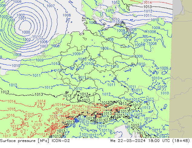地面气压 ICON-D2 星期三 22.05.2024 18 UTC