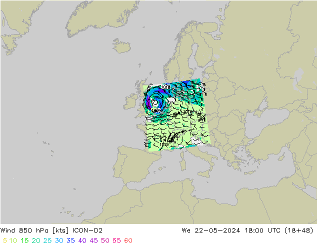 Wind 850 hPa ICON-D2 We 22.05.2024 18 UTC