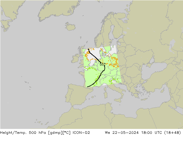 Hoogte/Temp. 500 hPa ICON-D2 wo 22.05.2024 18 UTC