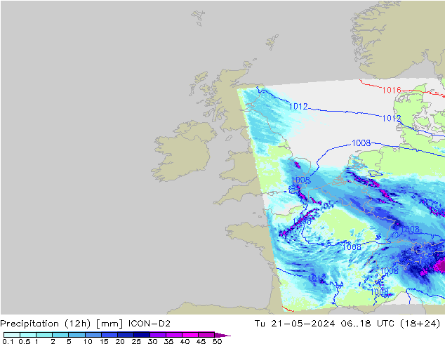 Precipitation (12h) ICON-D2 Út 21.05.2024 18 UTC