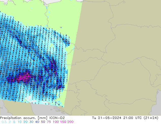 Precipitation accum. ICON-D2 Tu 21.05.2024 21 UTC