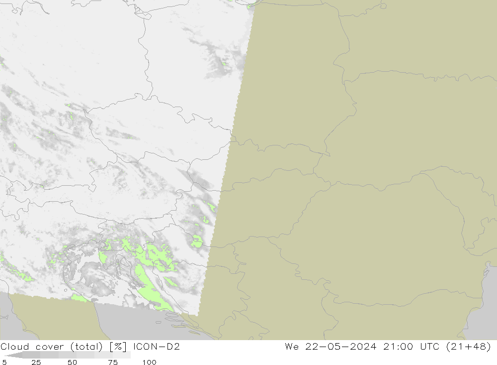 Nubes (total) ICON-D2 mié 22.05.2024 21 UTC