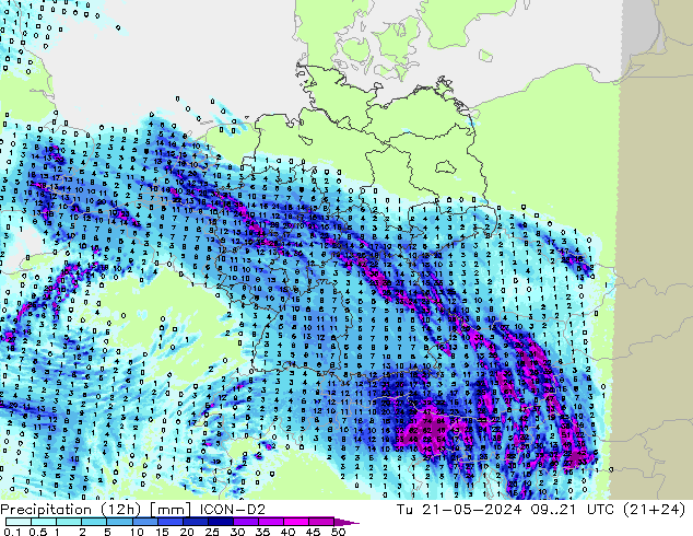 Yağış (12h) ICON-D2 Sa 21.05.2024 21 UTC