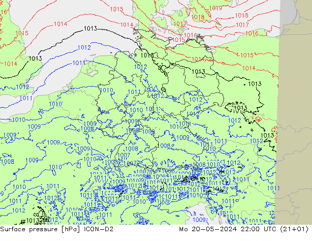 地面气压 ICON-D2 星期一 20.05.2024 22 UTC