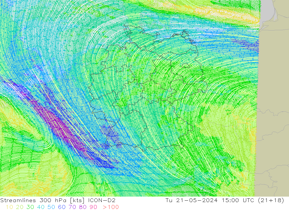 Ligne de courant 300 hPa ICON-D2 mar 21.05.2024 15 UTC