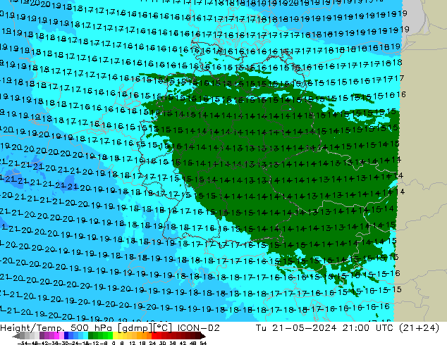 Height/Temp. 500 hPa ICON-D2 Di 21.05.2024 21 UTC