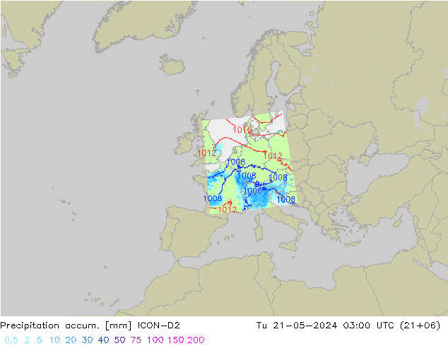 Precipitation accum. ICON-D2 вт 21.05.2024 03 UTC