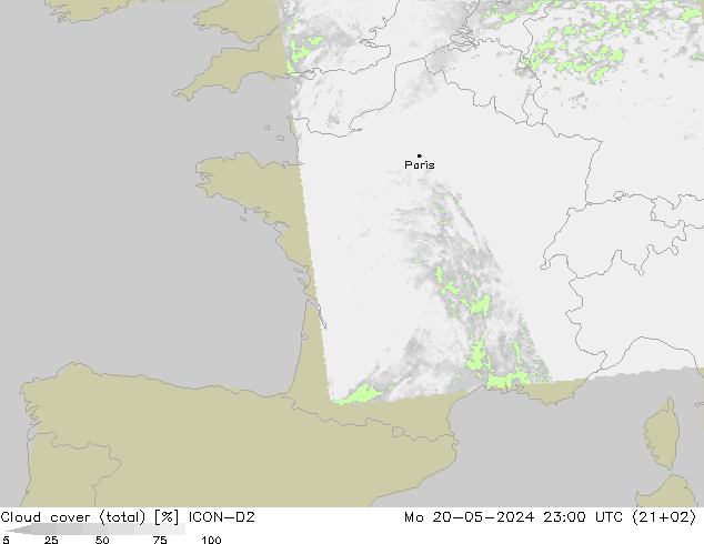 Cloud cover (total) ICON-D2 Mo 20.05.2024 23 UTC