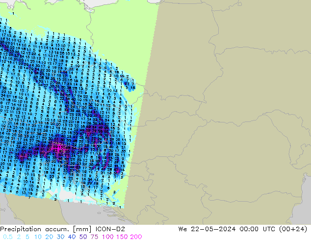 Precipitation accum. ICON-D2 St 22.05.2024 00 UTC