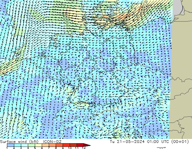 Surface wind (bft) ICON-D2 Tu 21.05.2024 01 UTC
