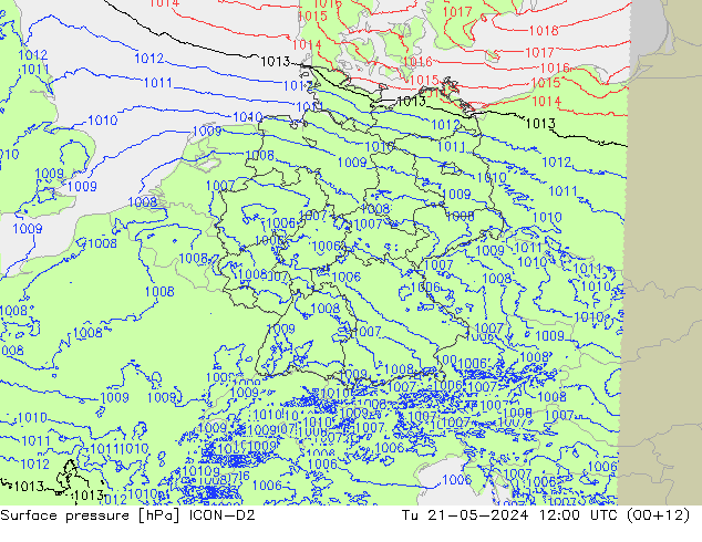 Atmosférický tlak ICON-D2 Út 21.05.2024 12 UTC