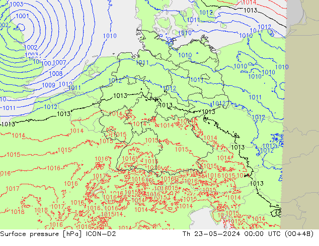 Atmosférický tlak ICON-D2 Čt 23.05.2024 00 UTC