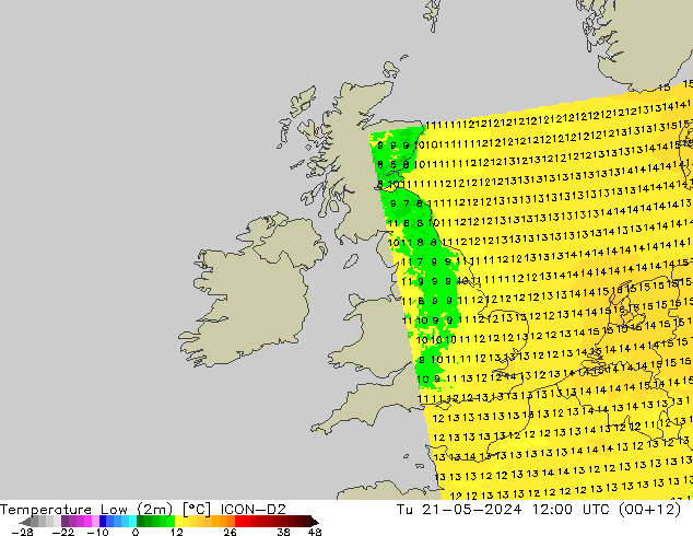 Temperature Low (2m) ICON-D2 Tu 21.05.2024 12 UTC