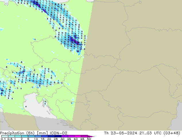 Precipitation (6h) ICON-D2 Čt 23.05.2024 03 UTC