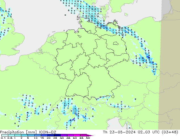 Precipitación ICON-D2 jue 23.05.2024 03 UTC