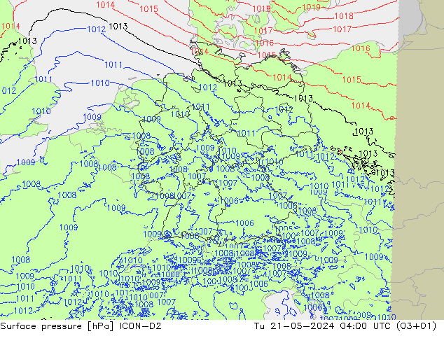 地面气压 ICON-D2 星期二 21.05.2024 04 UTC