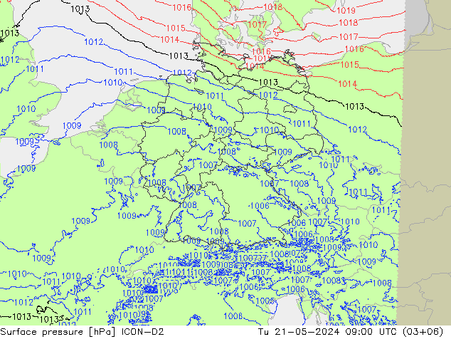 地面气压 ICON-D2 星期二 21.05.2024 09 UTC