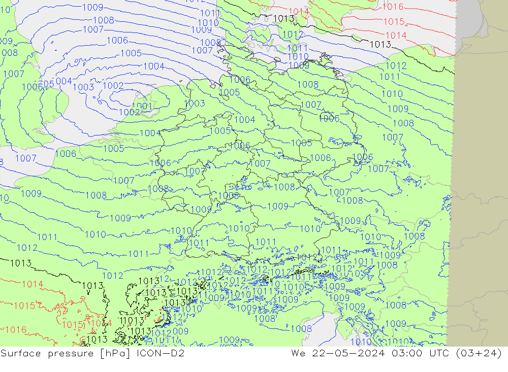 Atmosférický tlak ICON-D2 St 22.05.2024 03 UTC