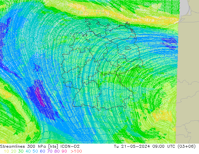 风 300 hPa ICON-D2 星期二 21.05.2024 09 UTC
