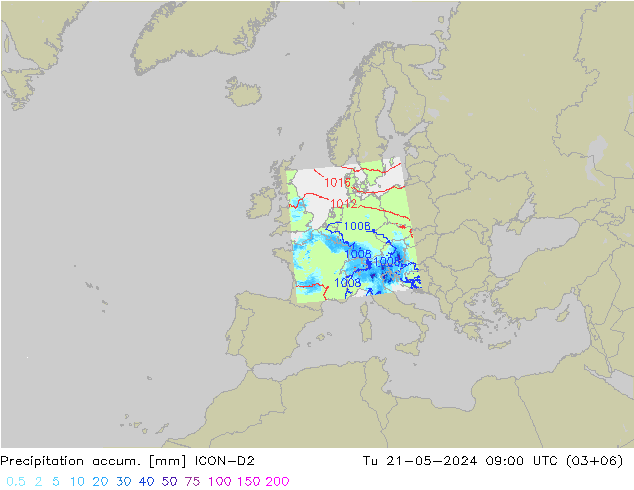 Precipitation accum. ICON-D2 星期二 21.05.2024 09 UTC