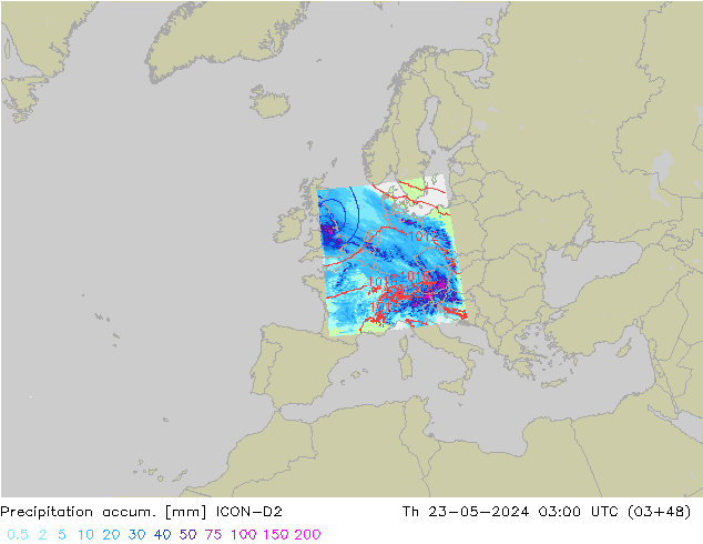 Precipitation accum. ICON-D2 Th 23.05.2024 03 UTC