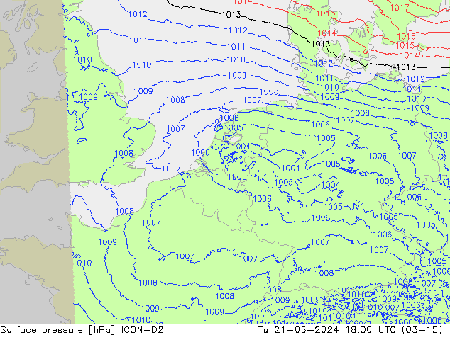 Surface pressure ICON-D2 Tu 21.05.2024 18 UTC