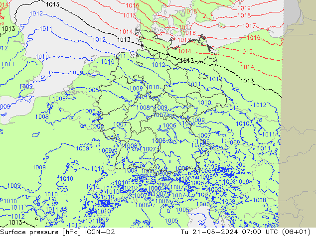 Atmosférický tlak ICON-D2 Út 21.05.2024 07 UTC