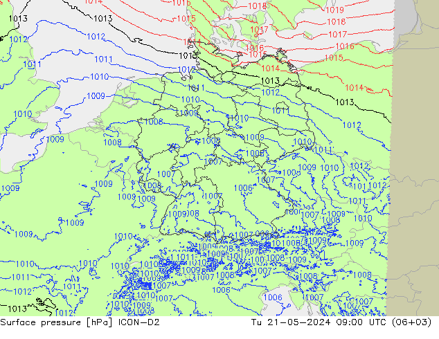 地面气压 ICON-D2 星期二 21.05.2024 09 UTC