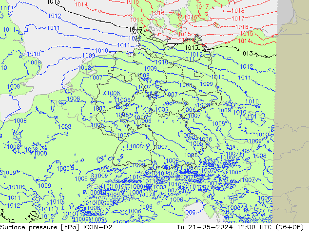 Atmosférický tlak ICON-D2 Út 21.05.2024 12 UTC