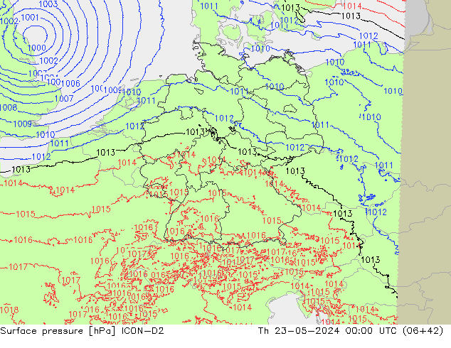 Pressione al suolo ICON-D2 gio 23.05.2024 00 UTC