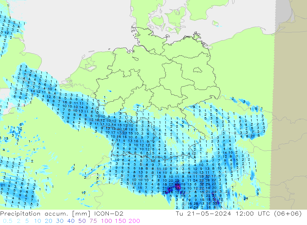 Precipitation accum. ICON-D2 Tu 21.05.2024 12 UTC