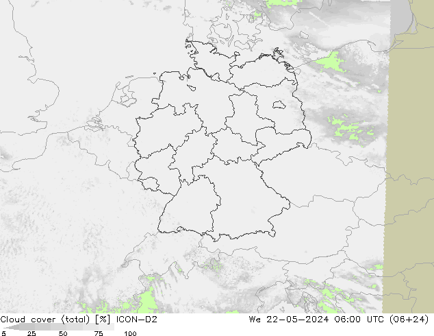 nuvens (total) ICON-D2 Qua 22.05.2024 06 UTC