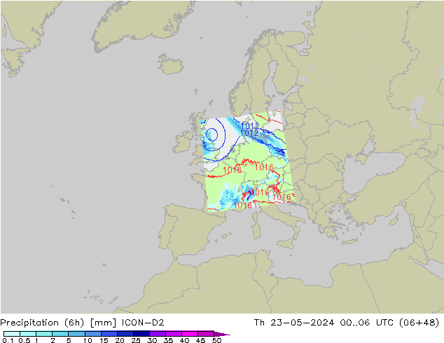 Precipitation (6h) ICON-D2 Th 23.05.2024 06 UTC