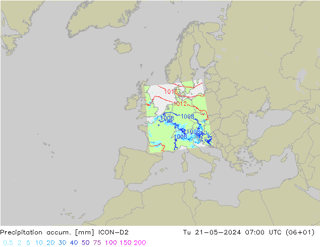 Precipitation accum. ICON-D2 wto. 21.05.2024 07 UTC