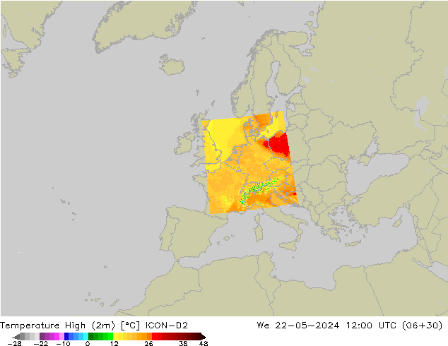 Temperature High (2m) ICON-D2 We 22.05.2024 12 UTC