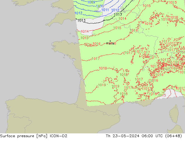 Atmosférický tlak ICON-D2 Čt 23.05.2024 06 UTC