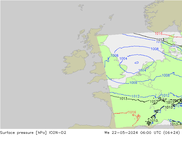 Surface pressure ICON-D2 We 22.05.2024 06 UTC