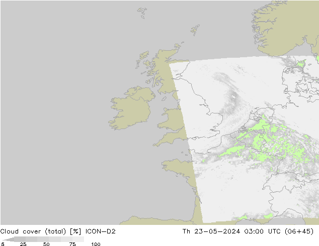 Nubes (total) ICON-D2 jue 23.05.2024 03 UTC