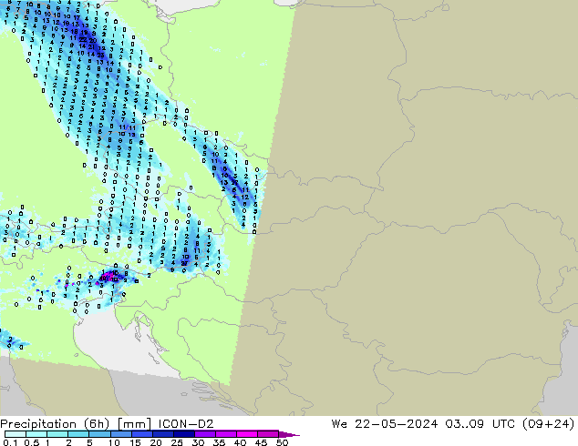 Precipitation (6h) ICON-D2 We 22.05.2024 09 UTC