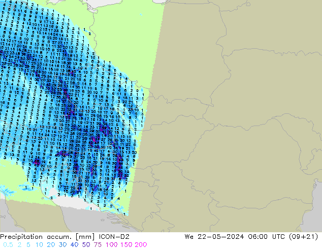 Toplam Yağış ICON-D2 Çar 22.05.2024 06 UTC