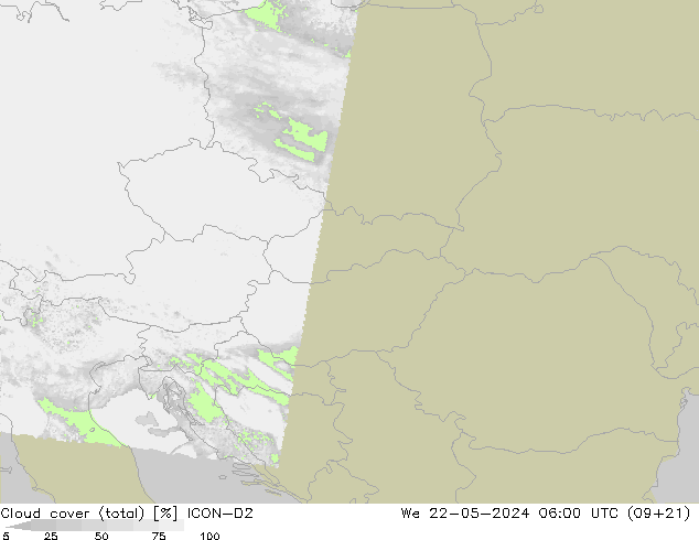Cloud cover (total) ICON-D2 We 22.05.2024 06 UTC