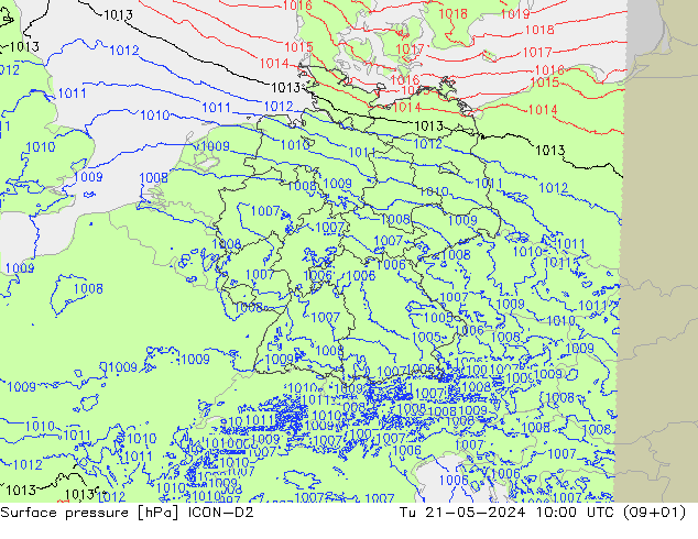 Surface pressure ICON-D2 Tu 21.05.2024 10 UTC