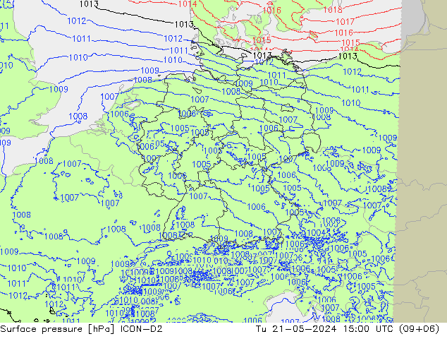 Atmosférický tlak ICON-D2 Út 21.05.2024 15 UTC