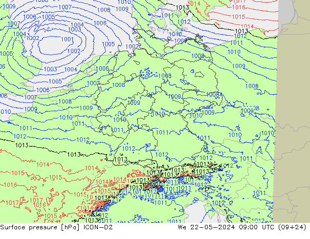 地面气压 ICON-D2 星期三 22.05.2024 09 UTC