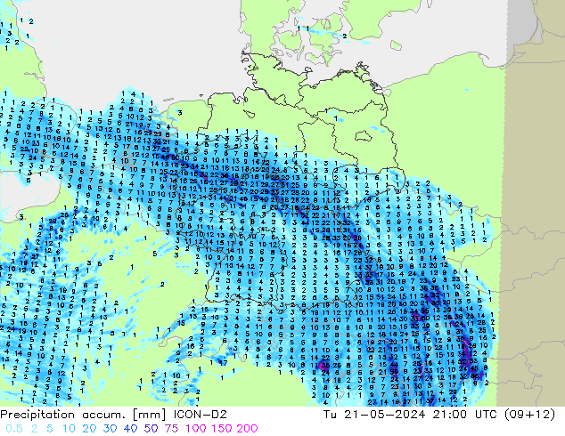 Precipitation accum. ICON-D2  21.05.2024 21 UTC