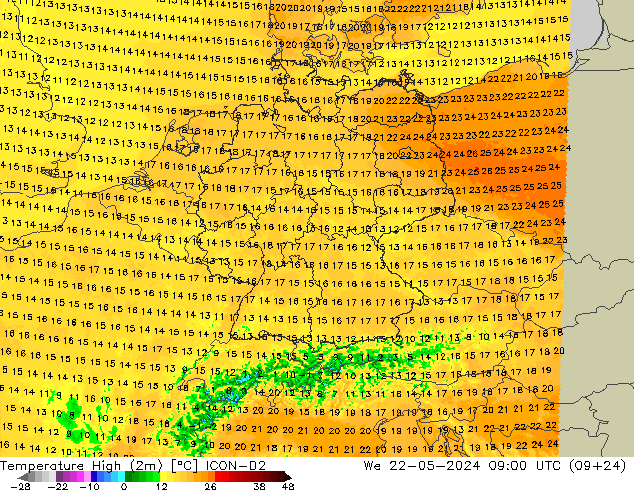 Temperature High (2m) ICON-D2 星期三 22.05.2024 09 UTC