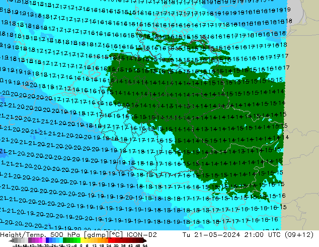 Height/Temp. 500 hPa ICON-D2 Di 21.05.2024 21 UTC