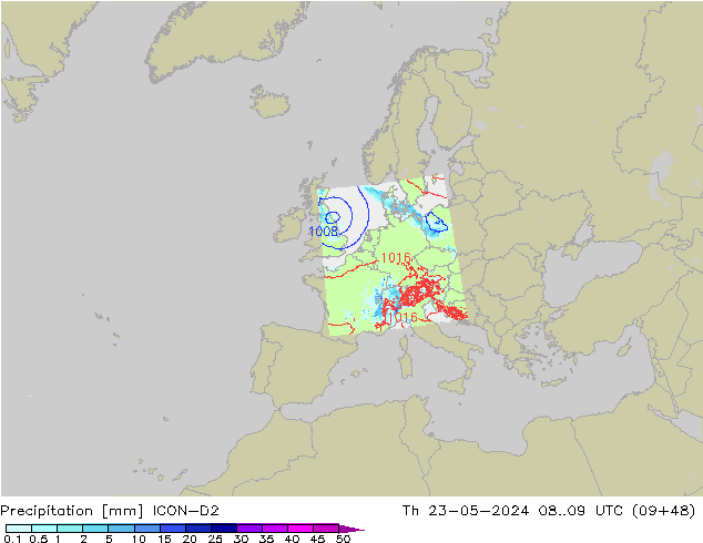 Srážky ICON-D2 Čt 23.05.2024 09 UTC